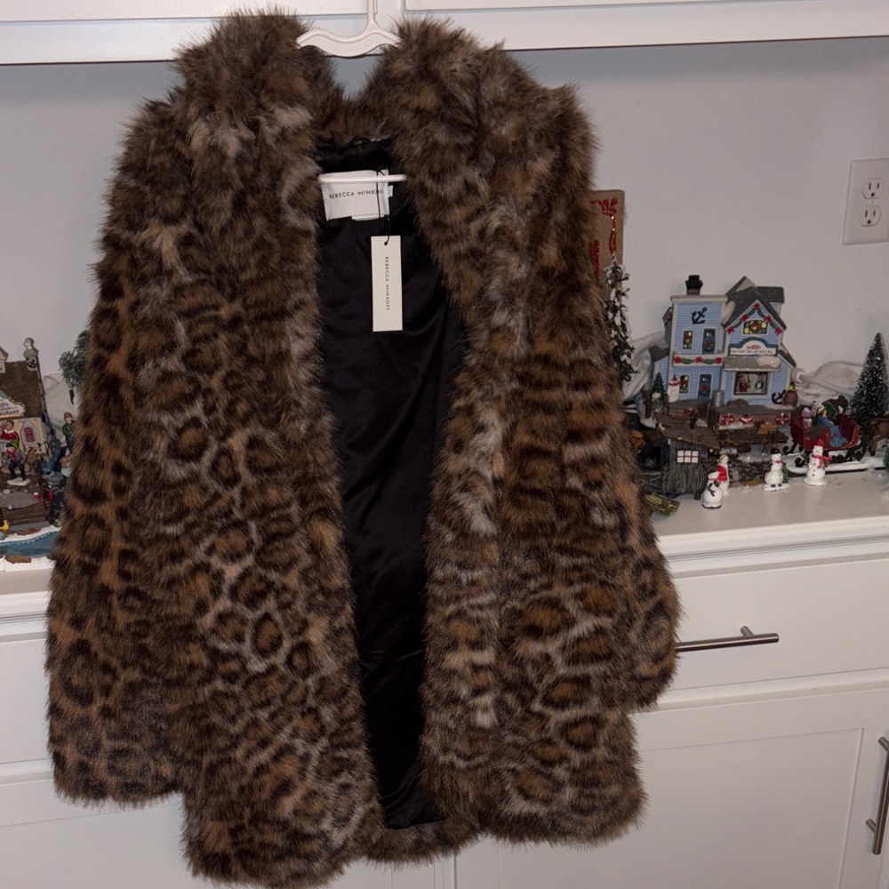 🐆Rebecca Minkoff Brown leopard Faux Fur Coat🐆NEW🐆$298
